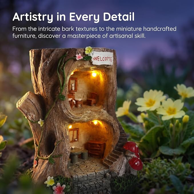 Solar Light Gnome Fairy Garden House for Outside, Big Size Fairy Miniature Buildings Accessories House Sculptures for Outdoor Garden Patio Lawn Path Decorations, 8" Tall