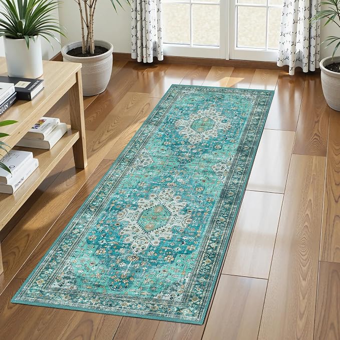 Washable Area Rug 2'6'' x 8' Vintage Traditional Persian Mat - Foldable Distressed Non-Slip Machine Washable Carpet for Living Room Bedroom Kitchen Home Decor - Teal and Gold