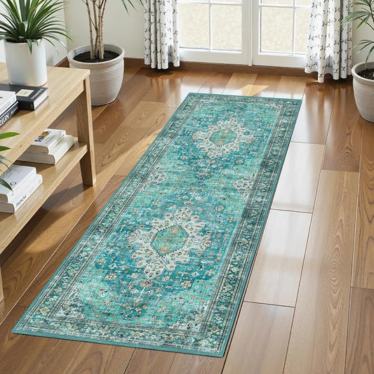 Washable Area Rug 2'6'' x 8' Vintage Traditional Persian Mat - Foldable Distressed Non-Slip Machine Washable Carpet for Living Room Bedroom Kitchen Home Decor - Teal and Gold