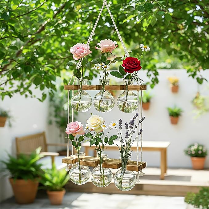 Renmxj Plant Propagation Station Wall Hanging with 2 Tiered Wooden Stand | Plant Terrarium for Hydroponics Plants, Unique Gardening Gifts for Women Mom Plants Lovers - 6 Bulb Glass Vases