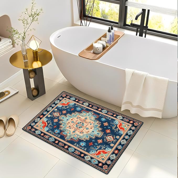 Navy Blue Coral Tribal 2x3 Entry Rug,Washable Small Rugs for Entryway Kitchen Bathroom Door Mat Indoor Entrance,Non Slip Rubber Backing,Stain & Fade Resistant,Bohemian Southwestern Decor