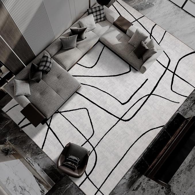8x10 Washable Modern Abstract Black White Area Rug | Ultra-Thin Low Pile, Non-Slip TPE Backing, Soft Stain Resistant, Machine Washable, for Bedroom Livingroom High Traffic