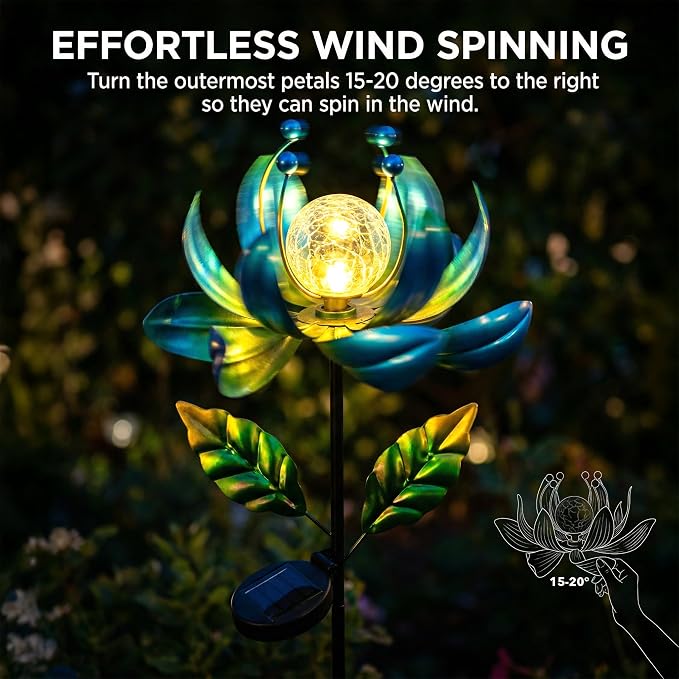 38-Inch Solar Wind Spinner Outdoor, Metal Kinetic Lotus Yard Art with Glass | Glowing Crackle Glass Light And Rotating Lotus Petals Create Eye-Catching Yard Art For Patios, Lawns And Garden Pathways