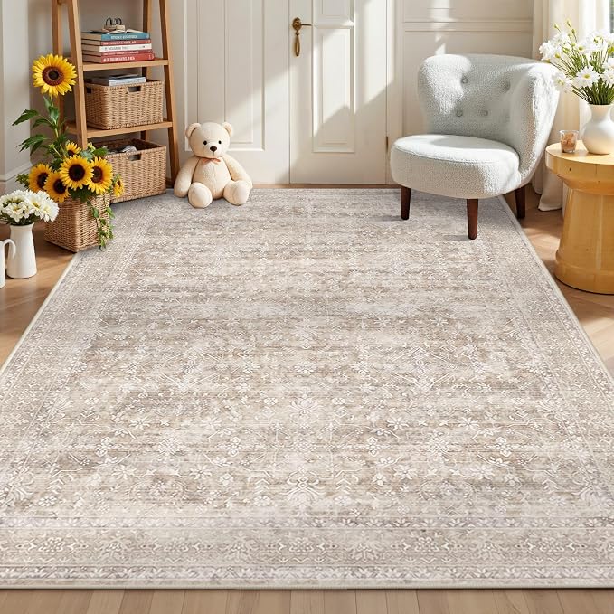 Latte&Fog 6x9 Beige Rugs for Living Room Large Netural Area Rug for Bedroom | for Dining Kitchen Kids Playroom Nursery Classroom Dorm Farmhouse Office, Non Slip Low Pile Soft Floral Vintage Indoor Carpet
