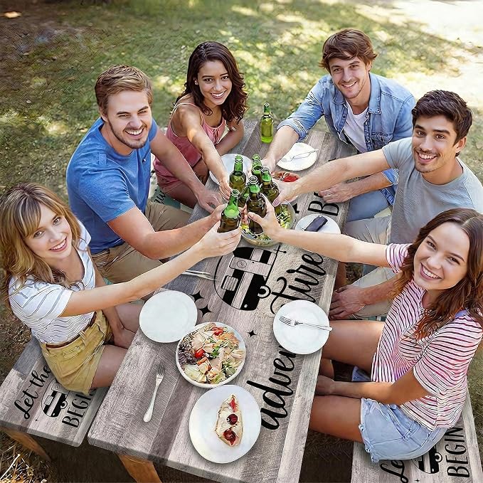 Picnic Table Cover with Bench Covers Elastic Edges Camping Essentials 4 Pcs Wood Grain Brown Waterproof Oil-Proof Tablecloth with Handbag for RV Accessories Farmhouse Camping Rustic Party Decor 72 IN