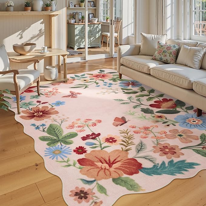 Lahome Floral Washable Area Rugs 5x7, Soft Pink Rugs for Living Room | Bedroom Ultra-Thin Non-Slip Stain Resistant Throw Boho Carpet for Nursery Classroom Flore, Light, Pink