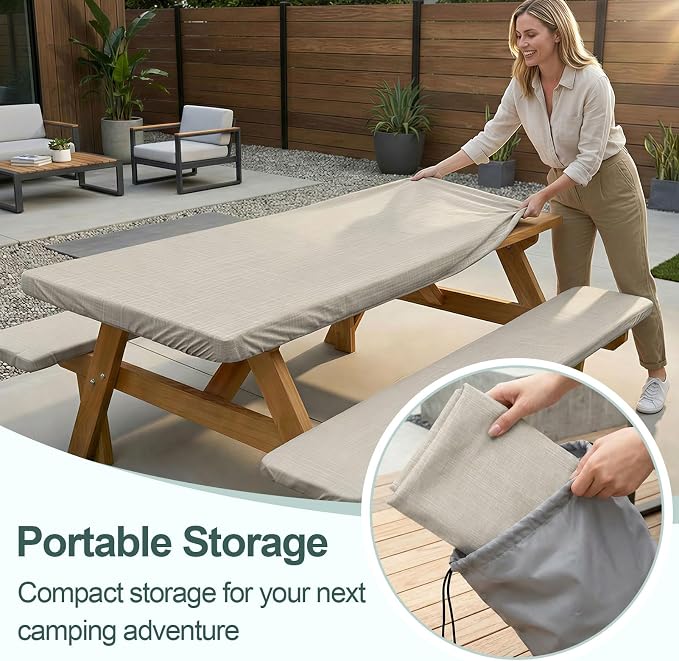 Picnic Table Cover with Bench Covers Camping Essentials Waterproof Windproof Camping Tablecloth with Drawstring Bag, Fitted Rectangle Tables and Seats, 72in, Beige Linen Texture