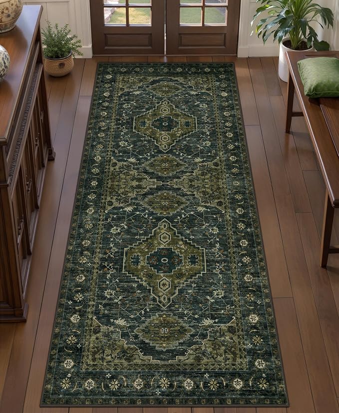 Tangsoo Vintage 2x5 Washable Runner Rug for Hallways, Non Slip Runner Rug | Soft Low Pile 2x5 Rug Runner, Print Distressed Carpet Runners for Entryway Bedroom Kitchen Bathroom Living Room Olive Green