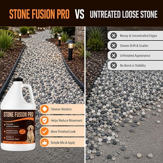 Stone Fusion Pro Stone Glue, 1 Gallon – Heavy-Duty Landscape Adhesive for Decorative Stone, Gravel & Rock Beds, 100% Acrylic Rock Binder, 1:1 Mix, Kid & Pet Safe, Made in USA