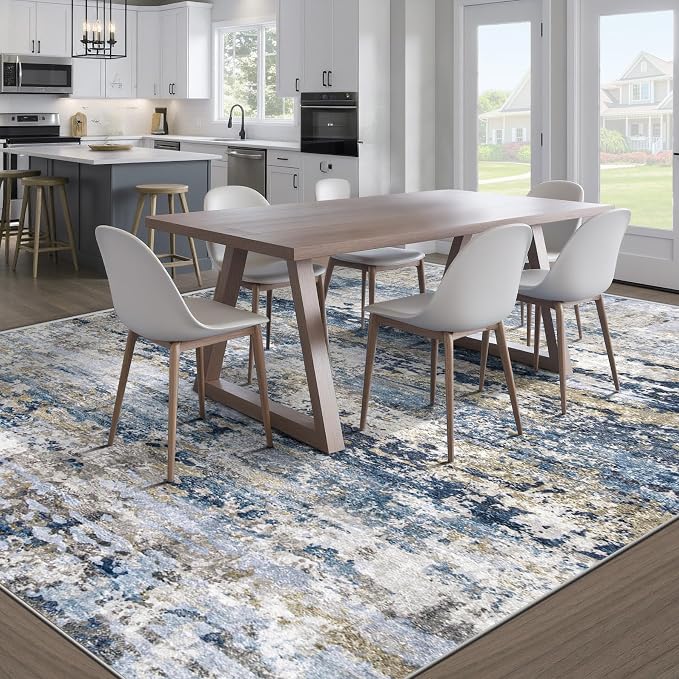 pmtsns Area Rugs 8x10 for Living Room: Washable Rug Modern Abstract Neutral Soft Non-Slip Low-Pile Indoor Large Carpet for Bedroom Dining Room Playroom Home Office (Blue Grey Brown, 8'x10')