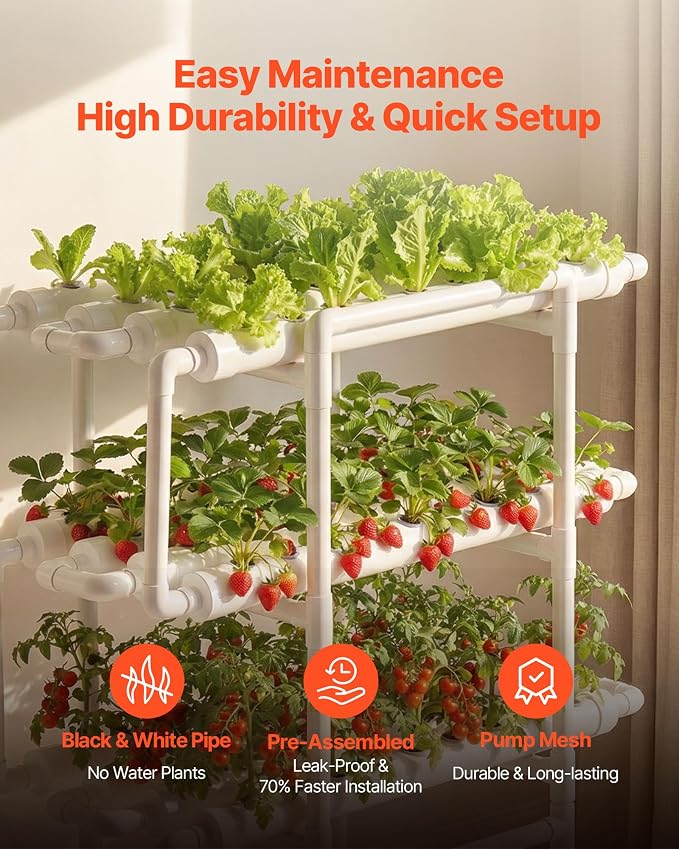 VEVOR Hydroponics Growing System Kit, 3-Tier 108 Sites UPVC Pipe Hydroponic Grow Kit with Timed Irrigation, Sun & Light Blocking Pipes, Indoor Home Garden Vegetable Planting Grow Kits for Fruit Herb