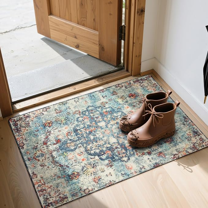 Lahome Reine Bohemian Floral Medallion Area Rug - 2x3 Vintage Teal Distressed Small Entryway Rug Turkish Doormat Faux Wool Non-Slip Washable Low-Pile Carpet for Bathroom Kitchen Laundry Room Decor