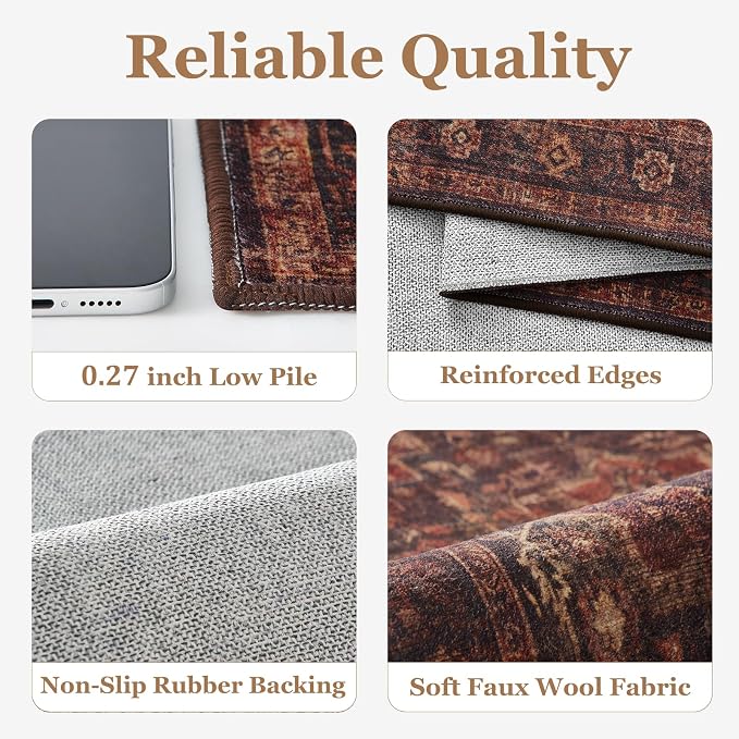 8x10 Dark Red Rugs for Living Room, Vintage Distressed Oriental Medallion Washable Large Rug for Bedroom Under Bed, Traditional Moody Low Pile Thin Soft Carpet Rugs for Dining Room Office