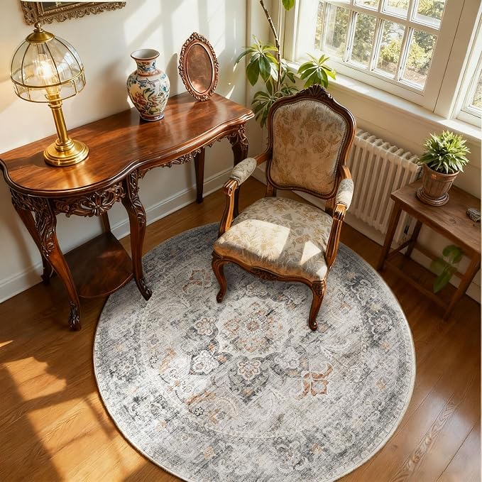 4ft Washable Round Rugs for Bedroom: Circle Living Room Rug Boho Vintage Non Slip Low Pile Soft Faux Wool Non Shedding Small Carpet for Kitchen Entryway Bathroom Bedside Office Dorm Farmhouse Indoor