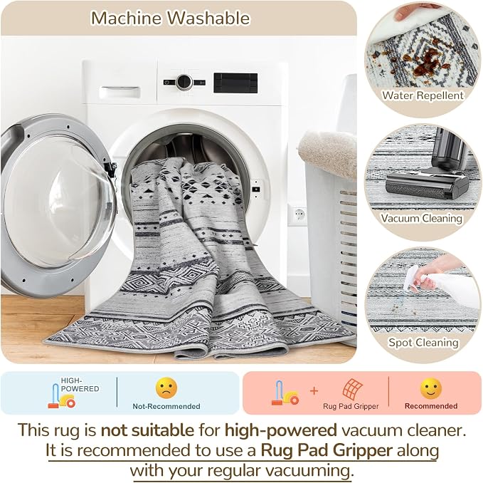 8x10 Washable Area Rugs for Living Room Boho Bedroom Rug Grey/Black/Navy | Vacuum Friendly, Machine Washable, Non-Slip Rug, Stain Resistant, Moroccan Geometric, Low Pile Carpet, Dining Room Kitchen