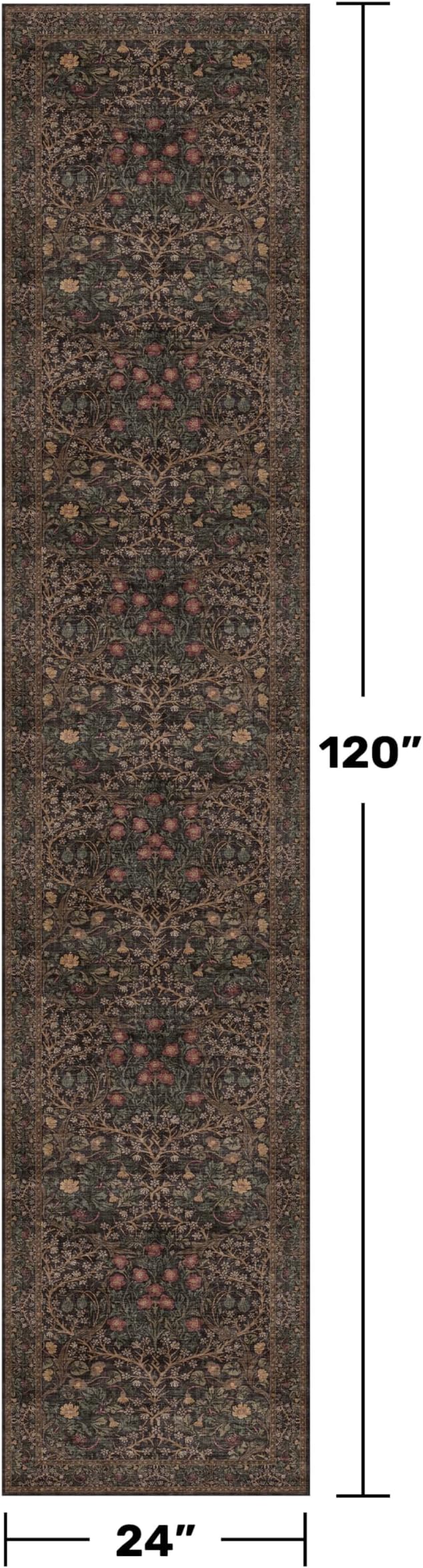Brown Boho Washable 2x10 Hallway Runner Rug - Extra Long Runners for Kitchen, Bathroom, Stair, Non-Slip Floor Carpet Rugs for Large Entryway Indoor, Vintage Dark Taupe Floral Décor