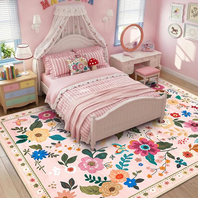 RELEANY Floral Washable 8x10 Area Rugs Pink | Flower Carpet, Print, Boho, Non-Slip, Easy to Clean, Soft, Low Pile for Living Room Bedroom Kitchen Office Entryway Hallway