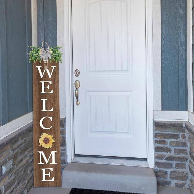 flowtorely Interchangeable Outdoor Welcome Sign for Front Porch Standing 47"×8" Set of 3 Large Wood Frame with 12 Pcs Icons Vertical Tall Leaner Outside Welcome Sign for Front Door Decor (Wood)