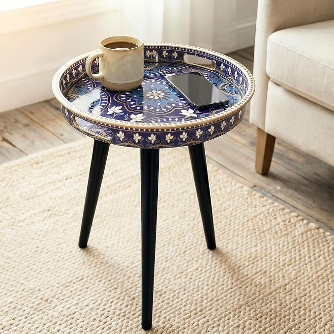 Gesodant Plastics Tray with Detachable Three Wooden 17.7 Inch Legs, Versatile Side Table with Tray Design, Perfect for Coffee, Tea, and Relaxation Time- Bohemian-Style (Purple Blue Flowers)