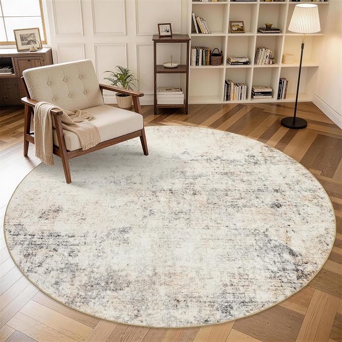 Large Round Rug 6ft: Neutral Round Area Rugs for Living Room Dining Room Bedroom - Soft Non-Slip Circle Carpet 6' - Modern Abstract Beige