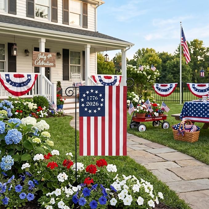 TOPFLAGS 250 Anniversary USA Flag Garden Flags 1776-2026 Betsy Ross Bennington Garden Flags 13 Star Colonies Double Side 12x18 Inch for Outside American Patriotic Banner