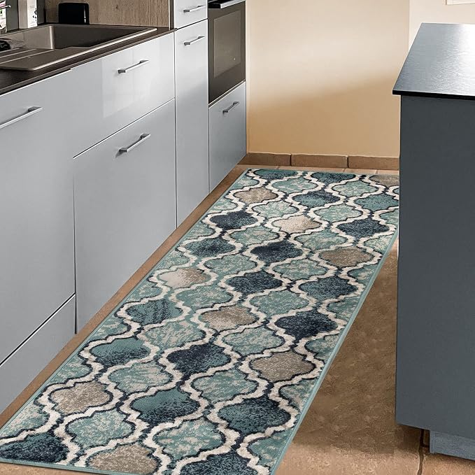 Superior Indoor Runner Rugs, Modern Area Rug, 2'7"x10', Blue Ivory | Geometric Design Floor Décor, Easy Care High Traffic Areas Living Dining Room, Bedroom, Office, Entryway, Viking Collection