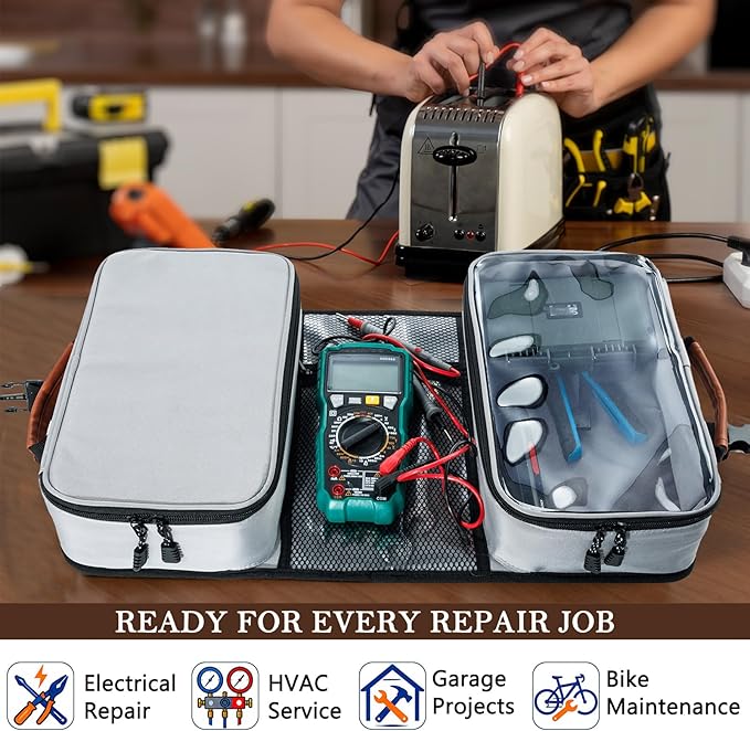 Heavy Duty Tool Bag Organizer with Clear Lid Compartments for Electrician, Portable Tool Organizer Case for Multimeter, Diagnostic & HVAC Repair Tools, Roll Up Tool Bag Organizer