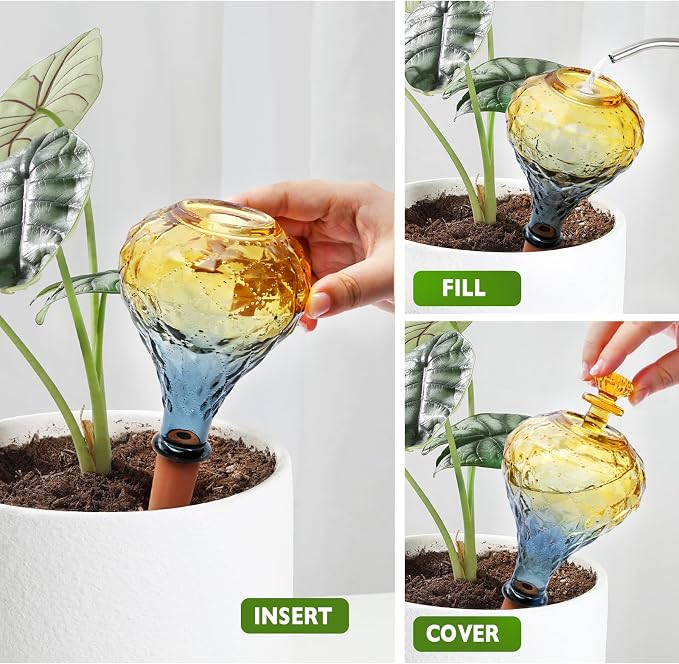 12 oz Plant Watering Globes, Yellow Glass Self Watering Bulbs Top Fill with Terracotta Spikes Stake, Self Watering Planter Insert Vacation Automatic Plant Waterer Device for Indoor & Outdoor 2Pack