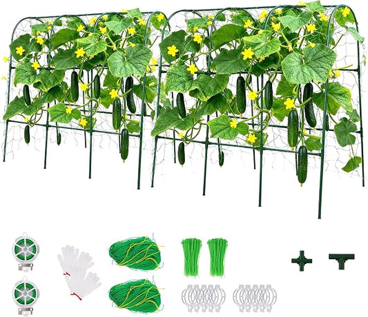2Pack Cucumber Trellis, Garden Trellis U-Shape Plant Support for Climbing Plants Metel Arch with Netting for Raised Garden Bed Outdoor Cucumbers, Vine Climbing Plant(47.2''X32''x47.2''(LxWxH))