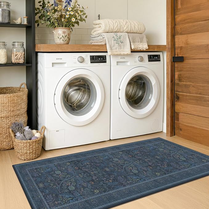 Boho Blue 2x5 Washable Laundry Entryway Mats for Floor - Small Kitchen Rug Runner Non Slip, Dark Blue Stain Resistant Area Rugs for Bedside, Bathroom, Hallway