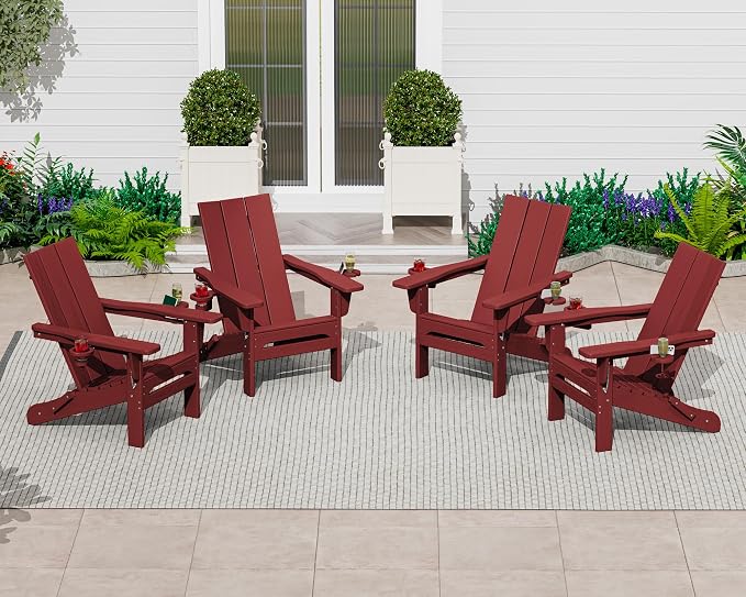 SERWALL Folding Adirondack Chair with Cup Holders, All Weather Resistant Modern Adirondack Chair, HDPE Fire Pit Chairs, Lawn Chair for Patio Garden, Outdoor, Red