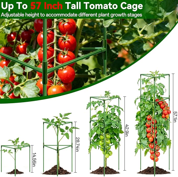 Halatool 57" Tall Tomato Cages, 6 Pack Heavy Duty Plant Support for Garden | Metal Stakes for Raised Beds and Pots, Adjustable Foldable Trellis for Cucumbers, Peppers, Flowers, and Climbing Plants