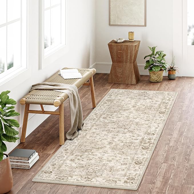 2'6x8 Beige Neutral Runner Rug | Washable, Non Slip, Soft Low Pile, Vintage Farmhouse, for Hallway Kitchen Laundry Bathroom Bedroom Living Room Home Decor