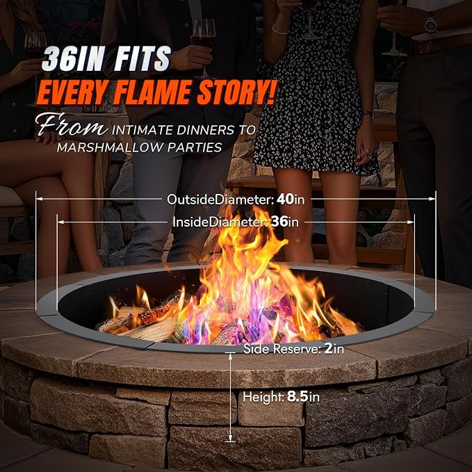 INNOSTAGE 36 Inch Fire Pit Ring (40 Inch Outer), Heavy Duty Steel Fire Ring for Outside, Large Round Fire Pit Insert, DIY Camping Fire Ring, Above or In-Ground, Black Carbon for Backyard Patio Bonfire