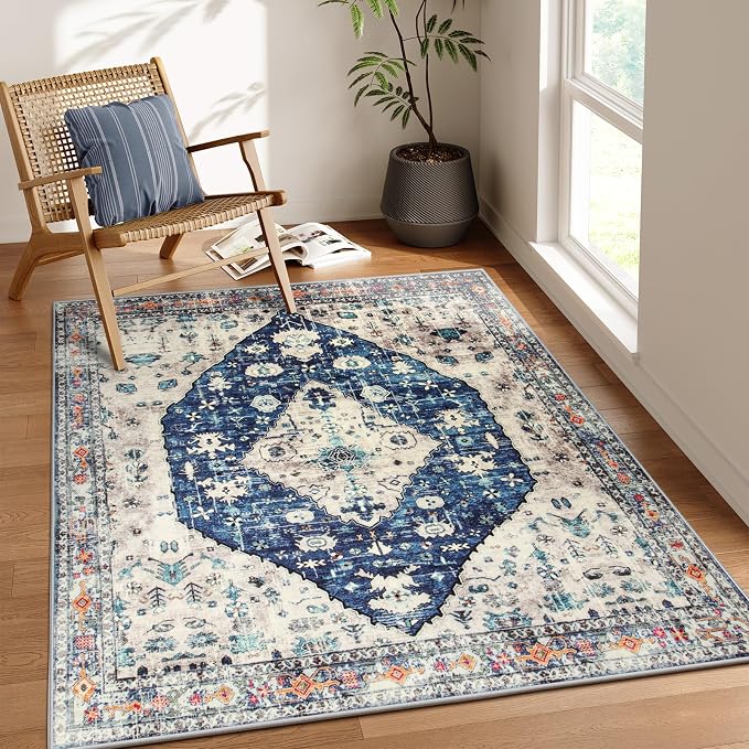 Lahome Felice Boho Tribal Square 4x4 Area Rug, Blue Washable Bathroom Rugs Soft Kitchen Rugs, Oriental Non Slip Non-Shedding Indoor Throw Floor Carpets for Bedroom Entryway Home Decor