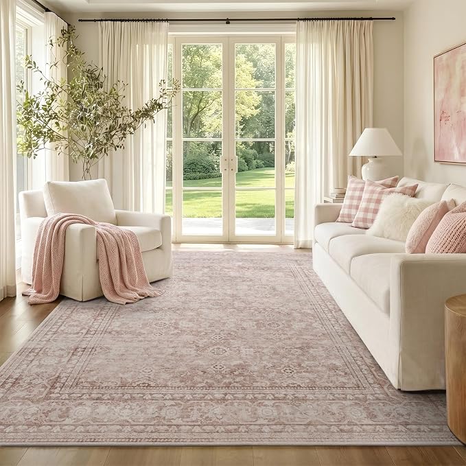 4x6 Ft Area Rugs for Living Room, Soft Non-Slip Machine Washable Rug, Vintage Stain Resistant Carpets for Bedroom Nursery Dining Room Home Decor (Grey Pink)