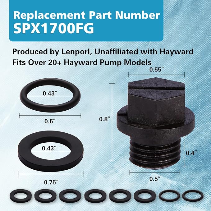 Lenporl 6-Pack Pool Pump Drain Plugs with 2 O-Rings & 6 Square Washers SPX1700FG, Compatible with Hayward Super Pump PowerFlo and MaxFlo Series Pool Pump Parts, Aftermarket Parts for Home Improvement