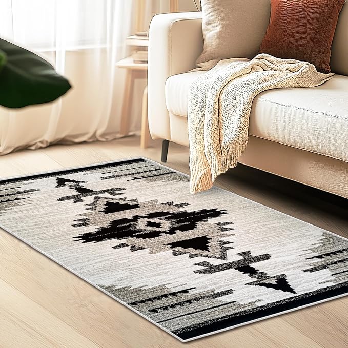 Western Area Rug Southwestern Aztec Navajo Washable 3x5 Rugs for Living Room Bedroom Southwest Tribal Gray Beige Non-Slip Soft Floor Large Carpet for Office Entryway Bathroom