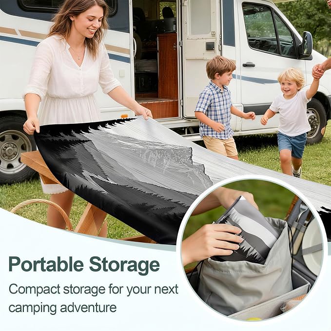 Picnic Table Cover with Bench Covers Camping Essentials Waterproof Windproof Camping Tablecloth with Drawstring Bag, Fitted Rectangle Tables and Seats, 72in, Black White Forest