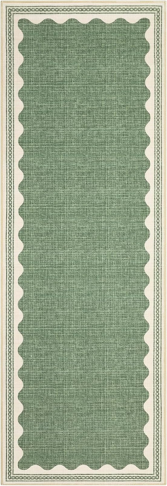 GarveeHome Scalloped Sage Green 2.5x8 Runner Rug for Hallway Washable Kitchen Rugs Non Slip Solid Tan Jute Modern Minimalism Soft Low-Pile Scalloped Indoor Carpet for Entryway Laundry Room Floor Mats
