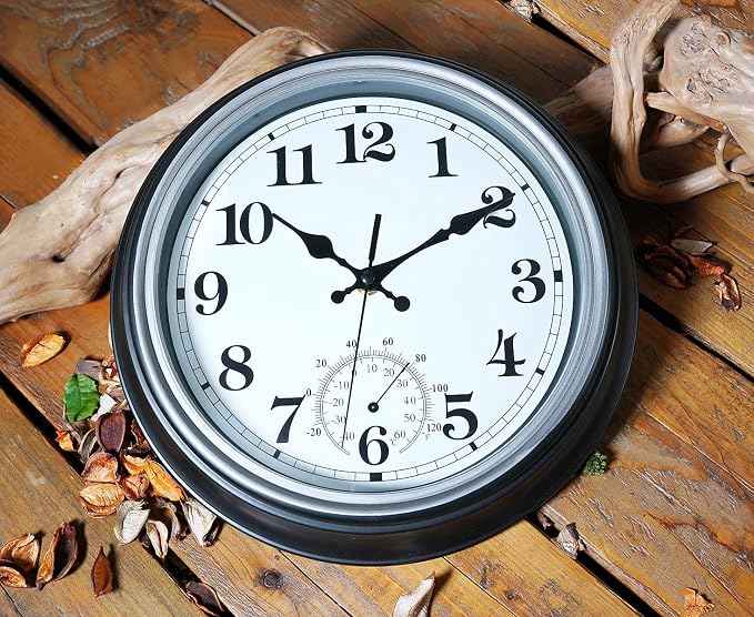 12-Inch Indoor/Outdoor Retro Silent Non-Ticking Waterproof Wall Clock with Thermometer,Battery Operated Quality Quartz Round Clock Wall Decorative for Patio/Home