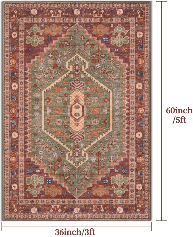 Ciicool Washable 3x5 Area Rug,Boho Non-Slip Indoor Mat for Entryway Kitchen | Oriental Low-Pile Soft Vintage Boho Indoor Entry Carpet for Bedroom Bedside Living Room Laundry Dining Room
