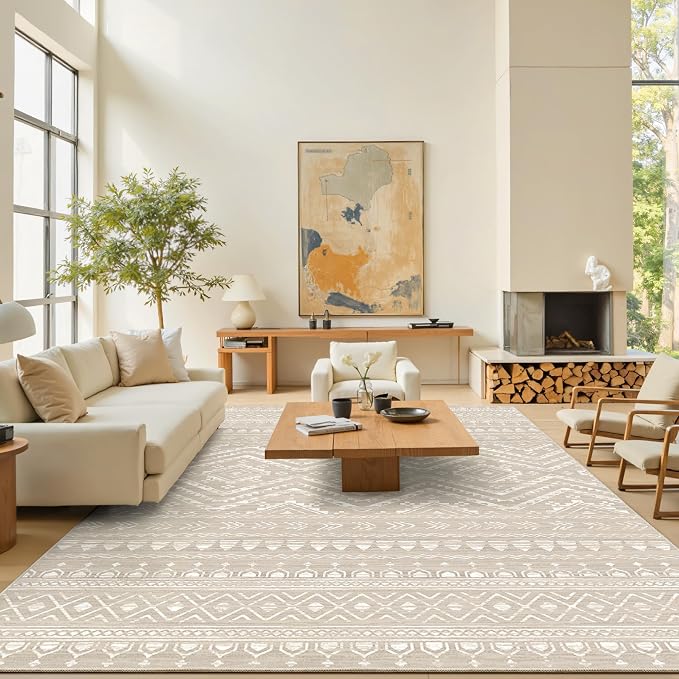 Miukiki 8x10 Area Rug for Living Room, Washable Soft Non Slip Rug Brown | Moroccan Large Indoor Rug for Kitchen Bedroom Dining Room Office, Low Pile Soft Floor Carpet Home Decor 8'x10'