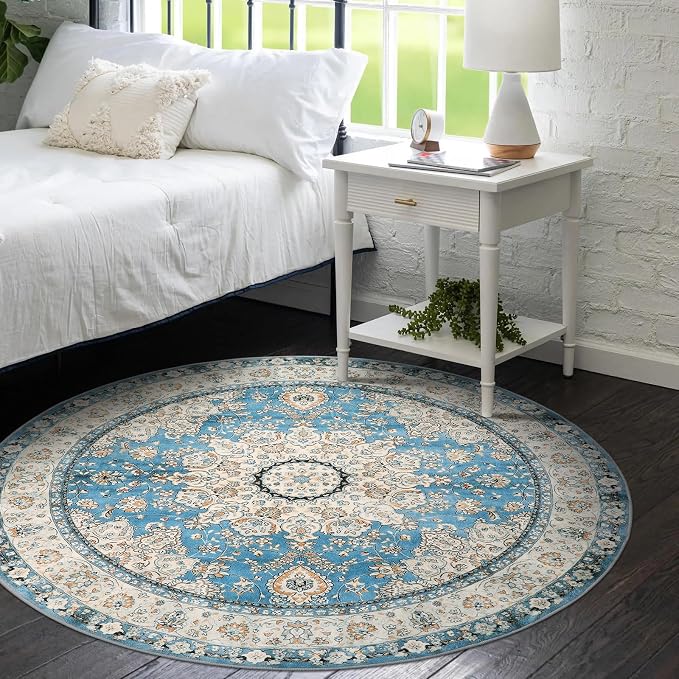 Lahome Felice Oriental Floral Medallion Round Rug - 4Ft Blue Vintage Round Kitchen Area Rug, Soft Non-Slip Washable Coffee Table Mat Indoor Accent Laundry Room Carpet for Classroom Entrance Office