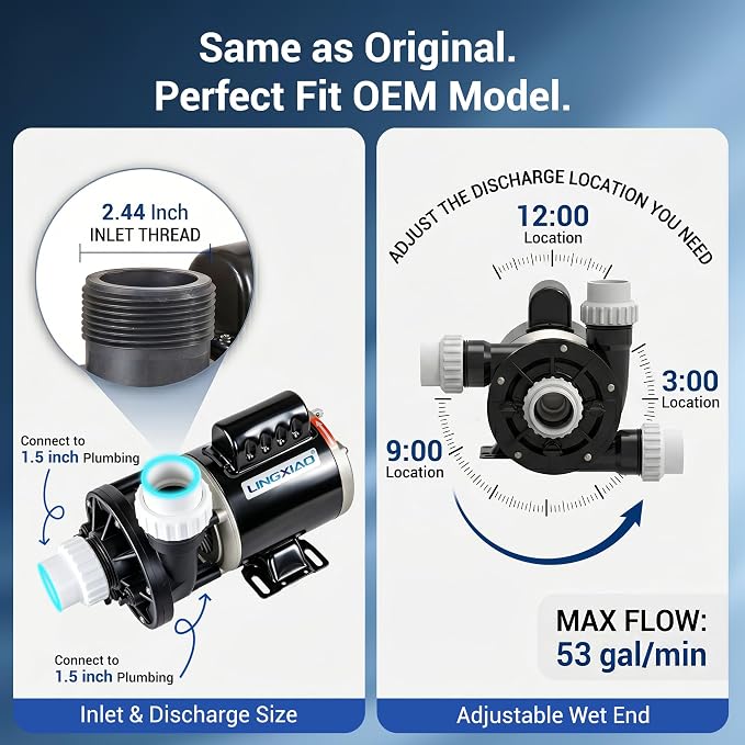 SPA Circulation Pump 0.25HP, (115V or 230V) - Model: 48WTC0153C-I | LX Pump Pure Copper Motor, Dual Voltage, Low Noise, OEMs Model Compatibility