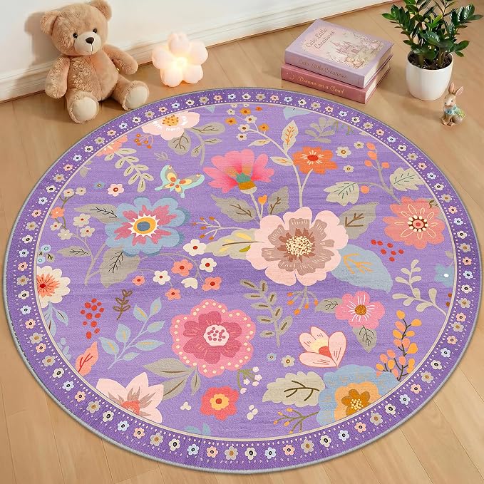 RELEANY Floral Washable Round 6ft Area Rug Purple/Pink | Flower Carpet, Print, Boho, Non-Slip, Easy to Clean, Soft, Low Pile for Living Room Bedroom Kitchen Office Entryway Hallway