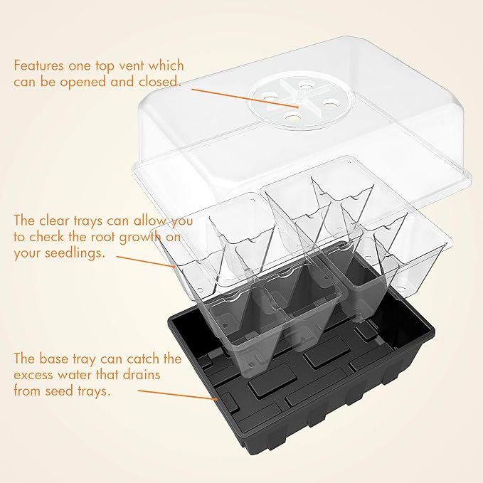 Gardzen 10 Pack Seed Starting Tray, Plant Germination Trays, Seed Starter Kit with Adjustable Humidity Vented Dome for Indoor&Outdoor Use, Plant Growing Kit 6.6" x 4.5", Total 120-Cell, Clear