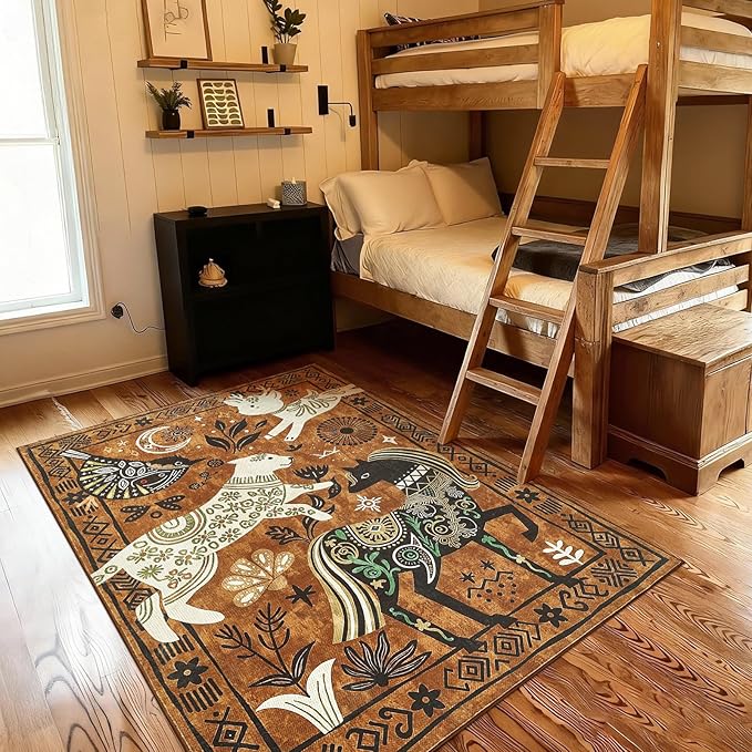 jinchan 5x7 Cute Area Rug Kids Washable Fun Rug Earthy Brown Starlit Boho | Soft, Cozy, Non-Slip, Kid-Friendly, Animal, Lightweight, Entryway, Kitchen, Dorm, Bedroom, Living Room, Playroom, Nursery