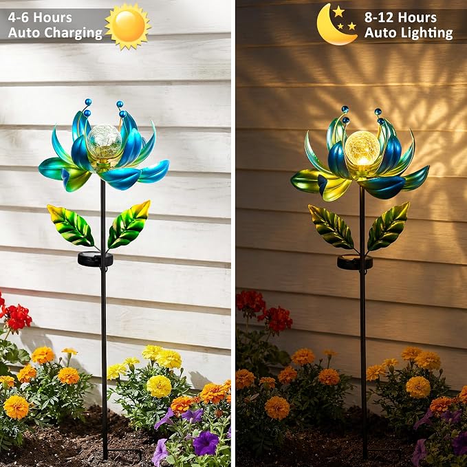 38-Inch Solar Wind Spinner Outdoor, Metal Kinetic Lotus Yard Art with Glass | Glowing Crackle Glass Light And Rotating Lotus Petals Create Eye-Catching Yard Art For Patios, Lawns And Garden Pathways