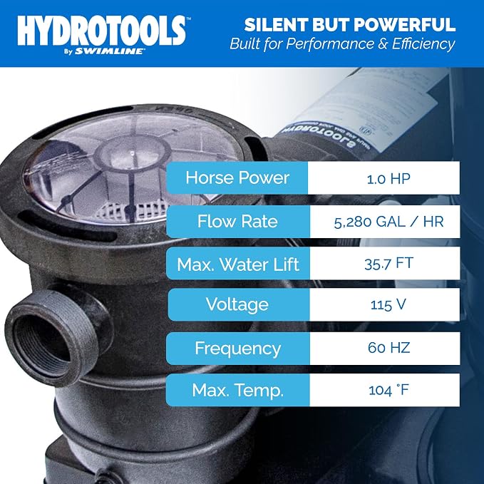 SWIMLINE HYDROTOOLS Model 719061S Hydro-Flo Above-Ground Pool Replacement Pump, Horizontal Discharge - 1.0 HP, 5,280 GPH, 115V/60Hz, Single Speed, for Sand, Cartridge & DE Filter Systems | Above-ground Pool Pump, 1.0 HP, 5, 280 GPH, Horizontal Discharg...